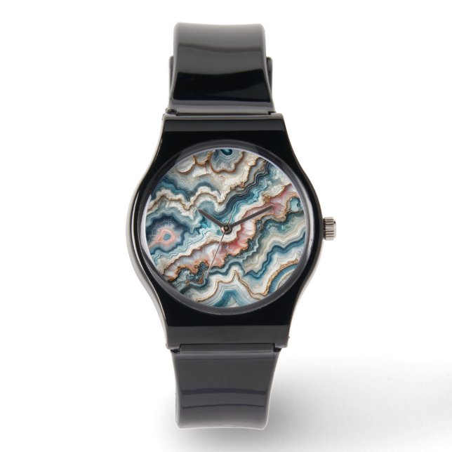 Chic Dark Aquamarin Blue Blush Pink Gold Marmormus Armbanduhr (Vorderseite)