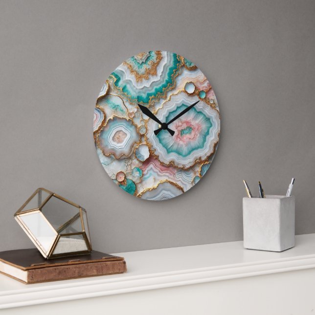 Chic Dark Aquamarin Blue Blush Pink Gold Marmormus Große Wanduhr (Büro)