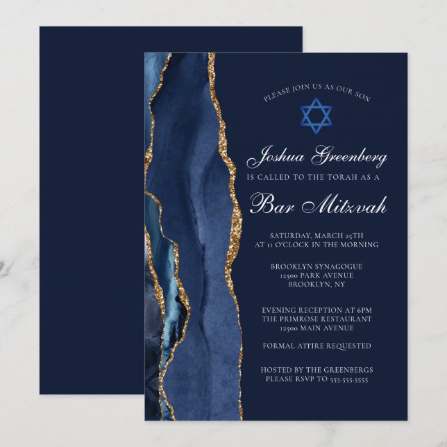 Chic Dark Blue Gold Agate Bar Mitzvah Party Einladung (Vorne/Hinten)