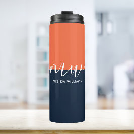 Chic Dark Blue & Orange Minimalistisch Script Mono Thermosbecher