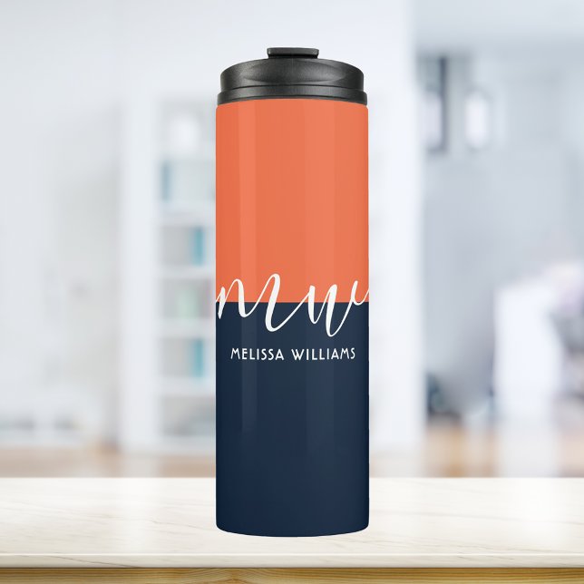 Chic Dark Blue & Orange Minimalistisch Script Mono Thermosbecher (Von Creator hochgeladen)