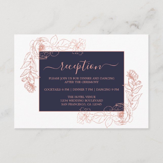 Chic Dark Blue Rose Gold Floral Hochzeitsempfang Begleitkarte (Vorderseite)