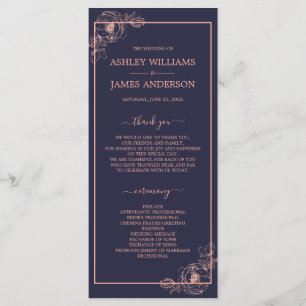 Chic Dark Blue Rose Gold Floral Kontur Hochzeit Programm