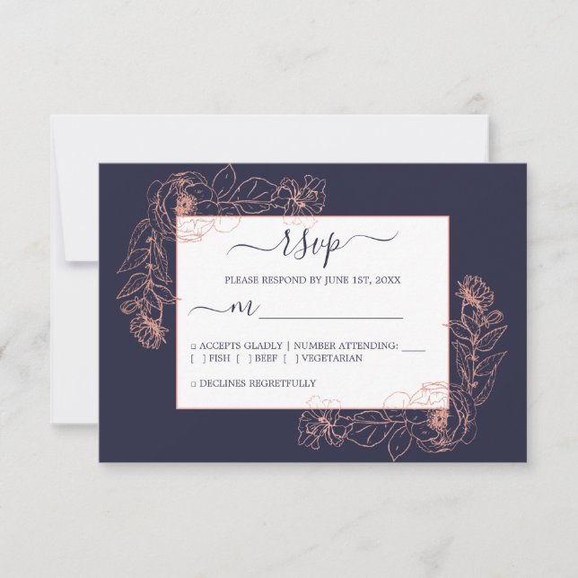 Chic Dark Blue Rose Gold Floral Kontur Hochzeit RSVP Karte (Vorderseite)