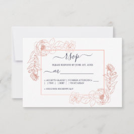 Chic Dark Blue Rose Gold Floral Kontur Hochzeit RSVP Karte