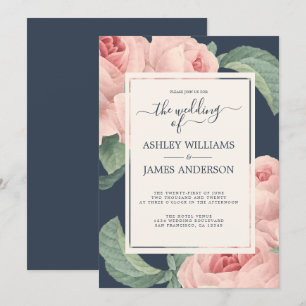 Chic Dark Blue Vintag Pink Rose Blumenhochzeit Einladung