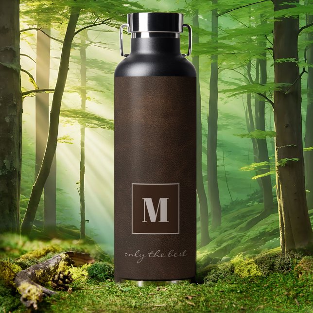 Chic Dark Brown Imitats Leather Water Flasche (Insulated water bottle featuring a chic dark brown faux leather design with custom monogram)