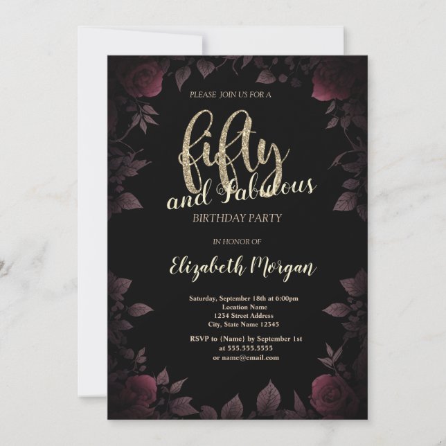 Chic Dark Burgundy Roses Black 50th Birthday Einladung (Vorderseite)