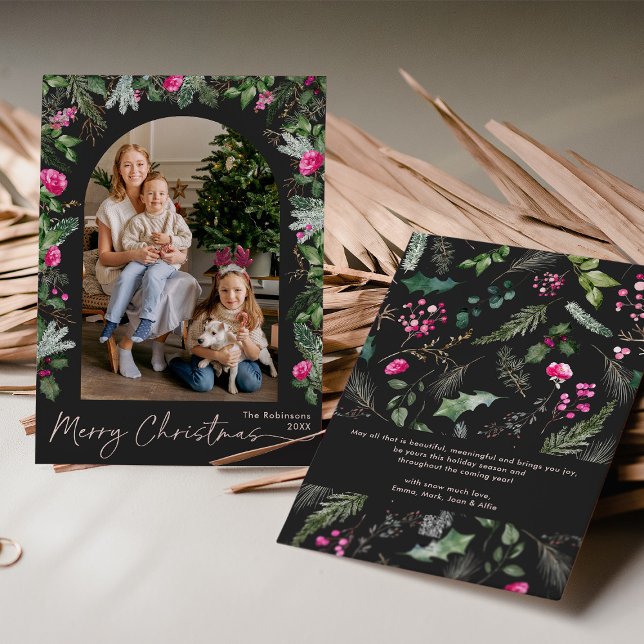 Chic Dark Gray Pink Greenery Arch Foto Weihnachten (Von Creator hochgeladen)