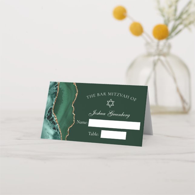 Chic Dark Green Gold Bar Mitzvah Platzkarte (Vorderseite)