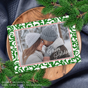 Chic Dark Green White Damask Blumenmuster Feiertagskarte