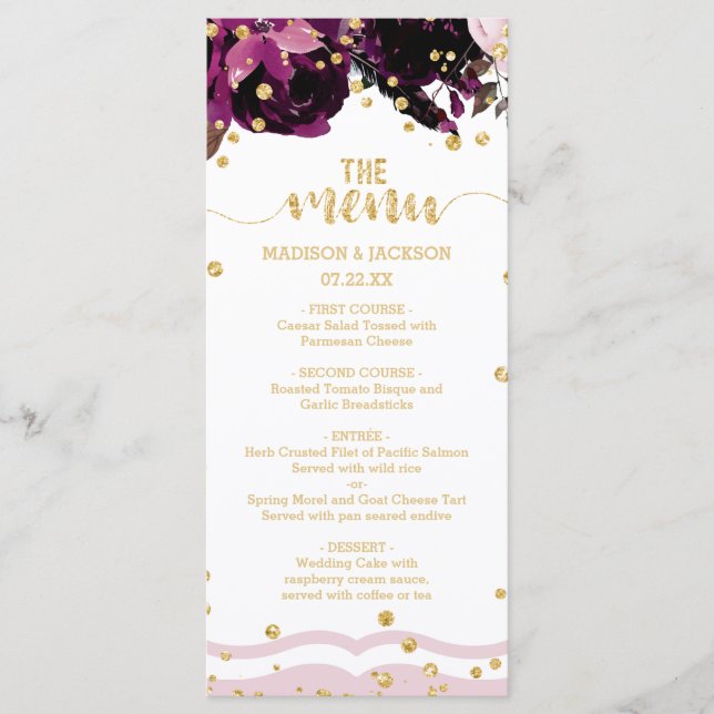 Chic Dark Lila Floral Gold Confetti Wedding Menü Menükarte (Vorderseite)