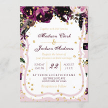 Chic Dark Lila Floral & Gold Hochzeiten Einladunge