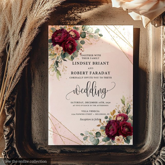 Chic Dark Red Gold Blush Blume Rustikale Hochzeit Einladung (Chic Dark Red Gold Blush Flowers Rustic Wedding Invitation)