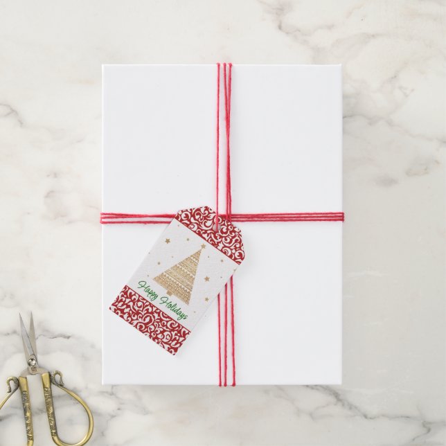 Chic Dark Red White Damask Blumenmuster Geschenkanhänger (Mit Garn)