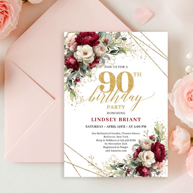 Chic Deep Red Gold Roses 90th Birthday Invitation  Einladung (Chic Deep Red Gold Roses 90th Birthday Invitation Card

)