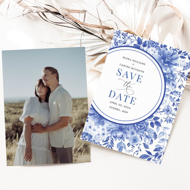 Chic Delft Blue Chinoiserie Wedding Save the Date Einladung (Von Creator hochgeladen)