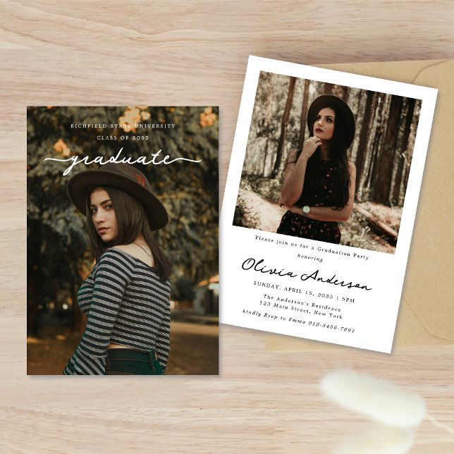 Chic Delicate White Script Foto Graduation Party Einladung (Von Creator hochgeladen)
