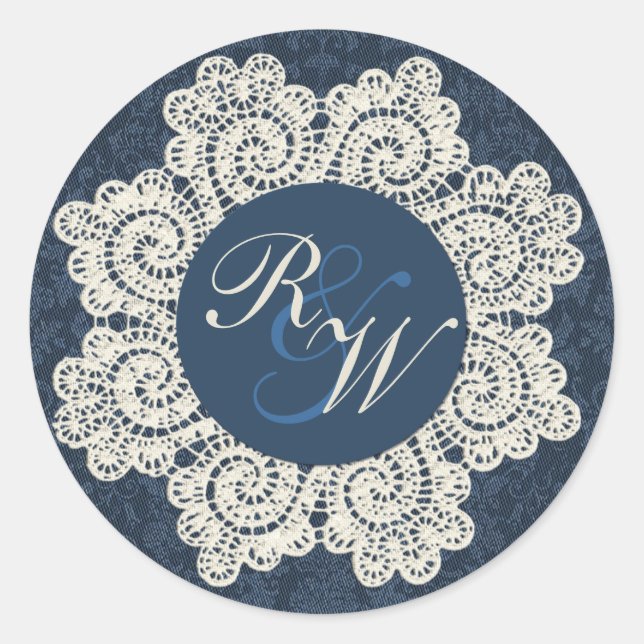 Chic Denim & Ivory Lace Monogram Wedding Runder Aufkleber (Vorderseite)