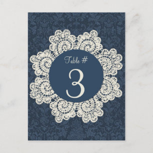 Chic Denim & Ivory Lace Wedding Tischnummer Cards