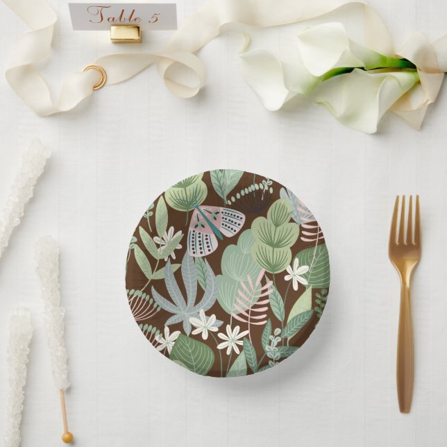 Chic Desert Brown Retro Butterfly Foliage Garden Pappteller (Hochzeit)