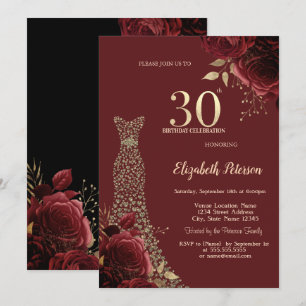 Chic Diamanten Kleid rote Rosen schwarz 30. Geburt Einladung