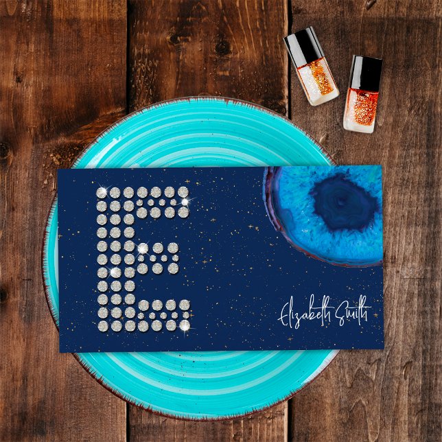 Chic Diamond Blue Agate Initial E Letter Monogram Visitenkarte (Front)