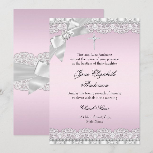 Chic Diamond Lace Pink Taufe einladen Einladung (Vorne/Hinten)