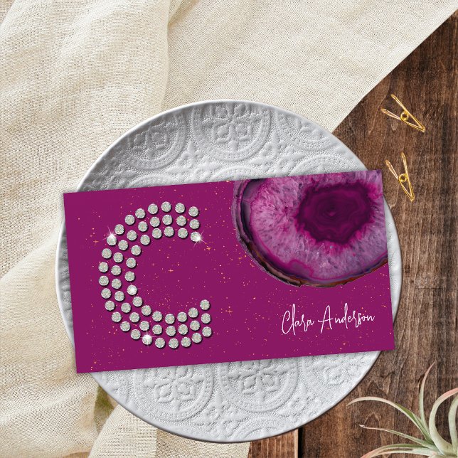 Chic Diamond Plum Agate Initial Letter C Monogram Visitenkarte (Front)