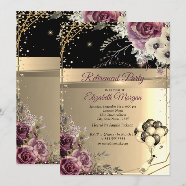 Chic Diamonds Balloons Floral Retirement Party Einladung (Vorne/Hinten)
