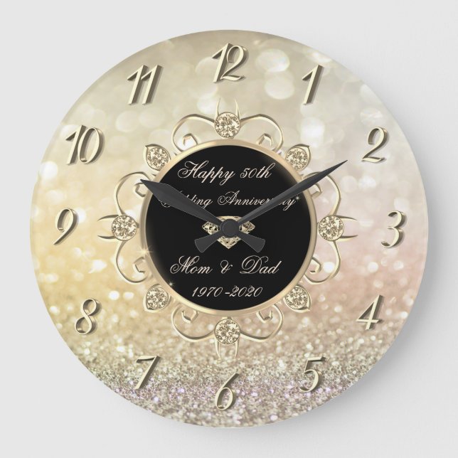 Chic Diamonds Bokeh 50. Hochzeitstag Große Wanduhr (Vorderseite)