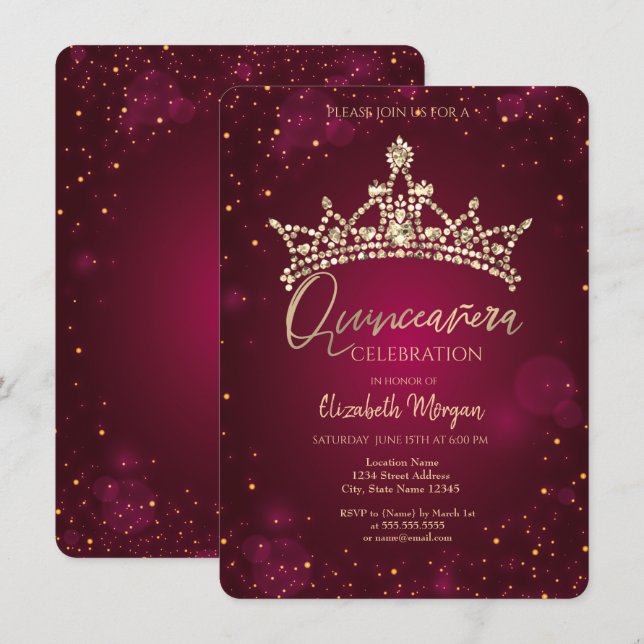 Chic Diamonds Crown Burgundy Quinceañera Einladung (Vorne/Hinten)