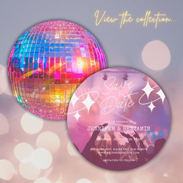 Chic Disco Ball Wedding Pink Glitzer Save the Date Einladung (Front/Back)