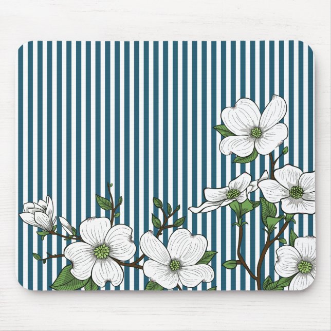 Chic Dogwood Blossoms & Stripes Mouse Pad Mousepad (Vorne)