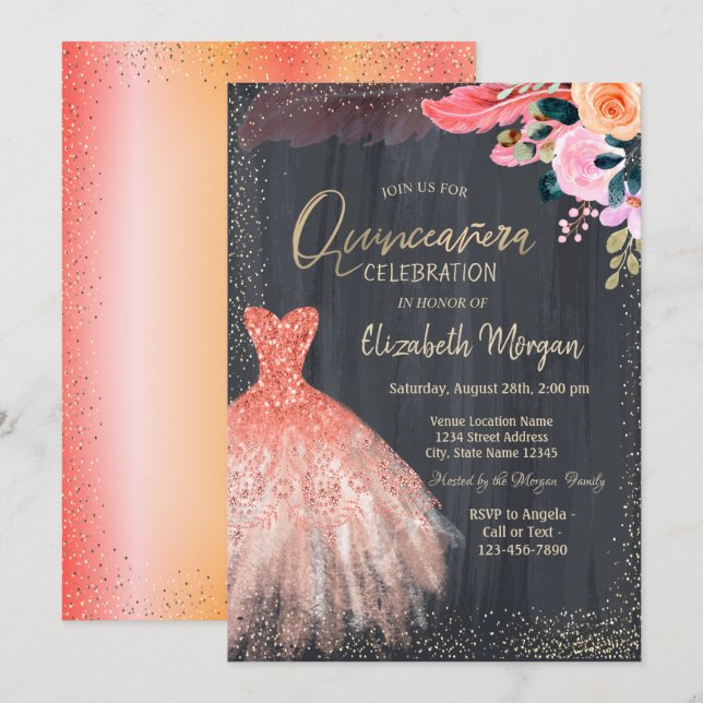 Chic Dress, Blume Feather Quinceanera Einladung (Vorne/Hinten)