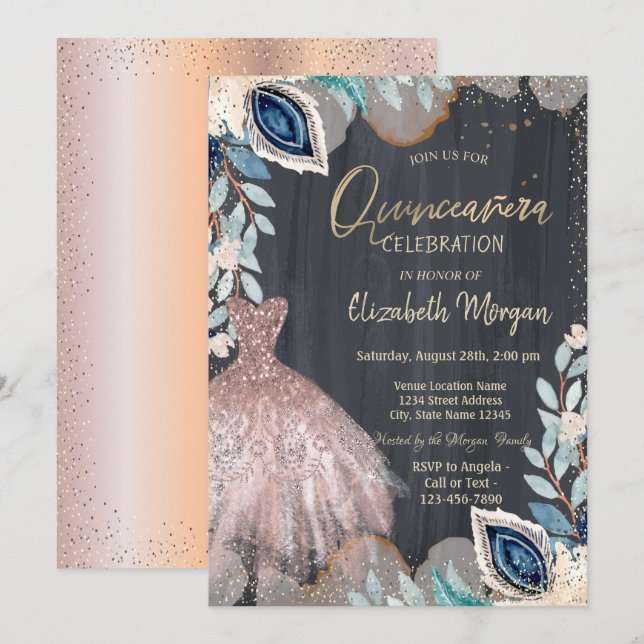 Chic Dress, Blume, Rose Gold Quinceanera Einladung (Vorne/Hinten)
