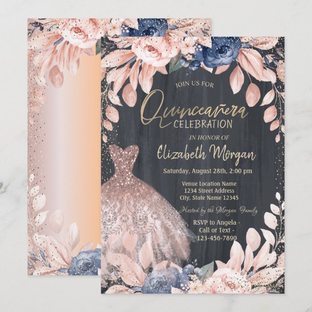 Chic Dress, Blumen, Rose Gold Quinceanera Einladung (Vorne/Hinten)