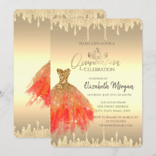 Chic Dress, Glitzer Tropfen Gold Quinceañera Einladung