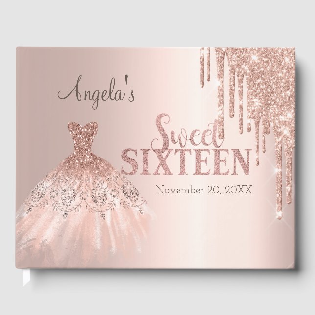 Chic Dress Glitzer Tropfen Rose Gold Sweet 16 Gästebuch (Vorderseite)