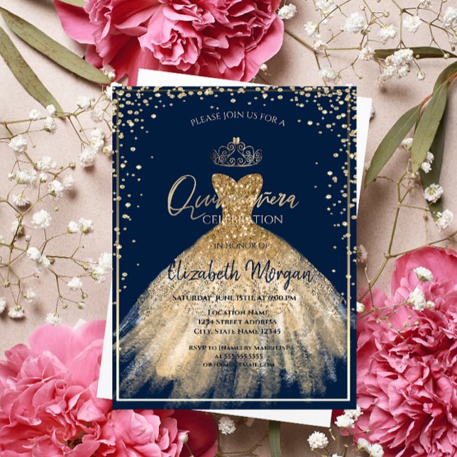 Chic Dress Gold Tiara, Diamonds Quinceañera Einladung (Von Creator hochgeladen)