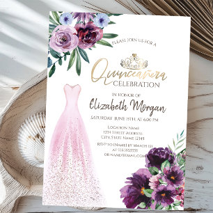 Chic Dress, Purple Blumen Quinceñera Einladung