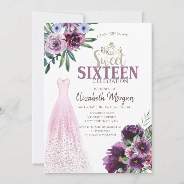 Chic Dress, Purple Flowers Sweet 16 Einladung (Vorderseite)