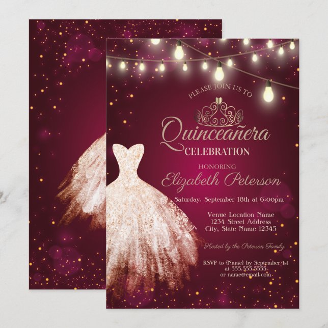 Chic Dress, Tiara Burgundy Quinceañera Einladung (Vorne/Hinten)