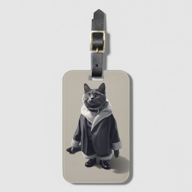 Chic Dressed Grey Cat Fashion Illustration Gepäckanhänger (Vorderseite Vertikal)