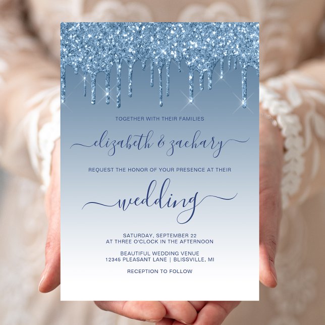 Chic Dripping Glitzer Blue Wedding Einladung (Von Creator hochgeladen)