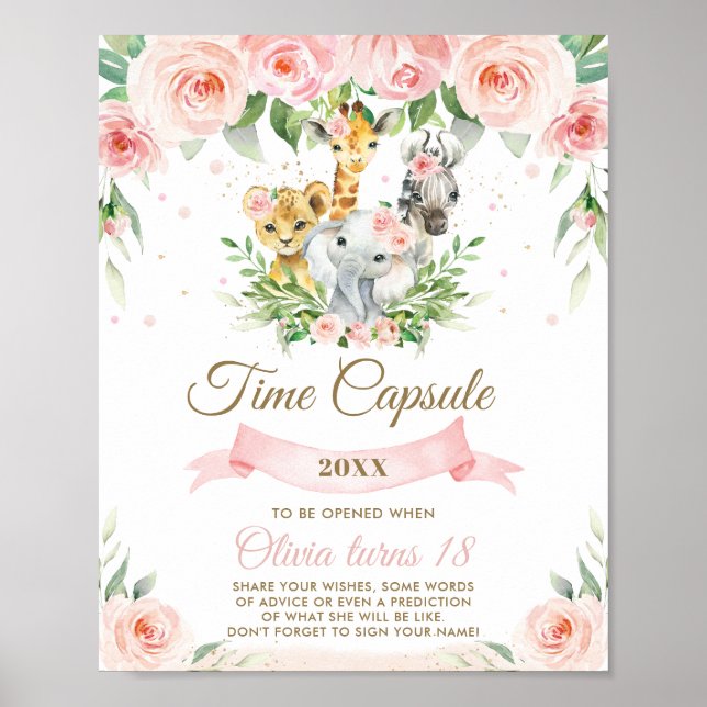 Chic Dschungeltiere Pink Floral Time Kapsel Zeiche Poster (Vorne)