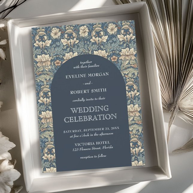 Chic dunkelpastellblau Elfenbein Blumenstrauß Juge Einladung (Chic dark pastel blue ivory floral Art Nouveau Invitation)