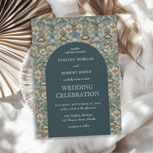 Chic dunkelpastellgrün Elfenbein Blumenstrauß Juge Einladung (Chic dark pastel green ivory floral Art Nouveau Invitation)