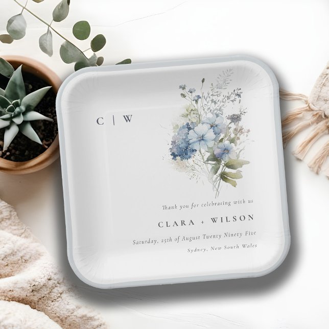 Chic Dusky Blue Watercolor Hütte Blumenzehen Pappteller (Von Creator hochgeladen)