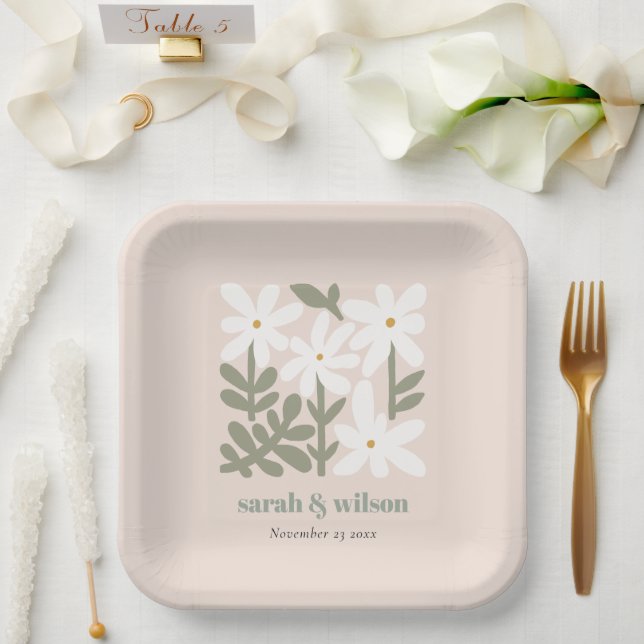 Chic Dusky Blush Retro Minimal Blumenzwiese Pappteller (Hochzeit)